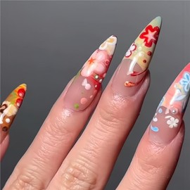 Long Press on Nails Almond Fake Nails Ombre False Nails Colorful Artificial Nails with Flowers Designs Stick on Nails for Women 24pcs