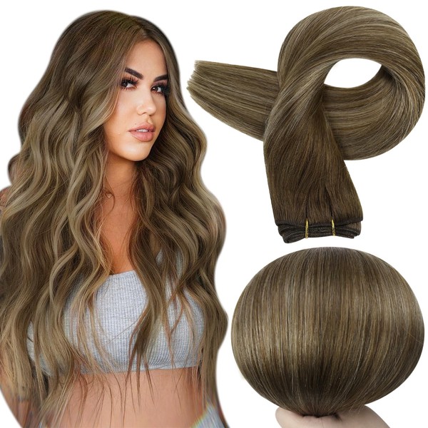 Full Shine Sew In Human Hair Extensions Soft Silky Hair Weft Hair Extensions Straight Hair Balayage Brown To Caramel Brown Sew In Human Hair For Short Hair Real Hair Extensions Sew In 80G 12 Inch