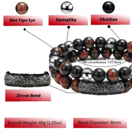2Pcs Triple Protection Bracelet,Natural Tigers Eye Black Obsidian and Hematite 8 MM Beads Bracelet for Men Women Gift, Healing Crystal Bracelet Bring Luck and Prosperity and Happiness (Red)