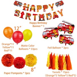 CIAOYNIMI Fire Truck Party Supplies 55PCS Fireman Theme Decorations Firefighting Vehicle Foil Balloons Firetruck HAPPY BIRTHDAY Banners with Pompom Tassels for Kids Boys Firefighter Anniversaire Fete