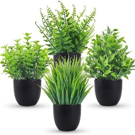 Ukipos Juego de 4 Plantas Artificiales Decorativas, Pequeñas Plantas Artificiales en Maceta de Plástico para Baño, Hogar, Decoración de Mesa para...  