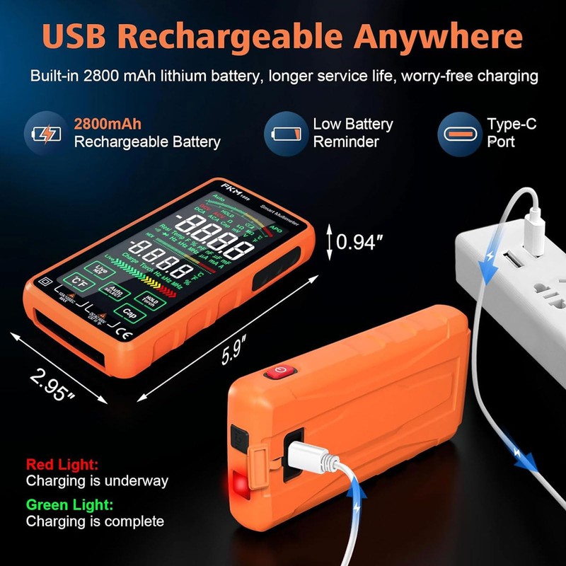 FKM Pro Digital Multimeter Tester,Compact & Rechargeable Voltmeter w/ 5″