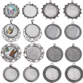 SUNNYCLUE 1 Box of 16 Cabochon Bezels in Vintage Style Antique Silver Empty Bezel Trays Flat Round Charm Pendant Tray Charms Memory Photo Blanks Bezel for DIY Wedding Bouquet