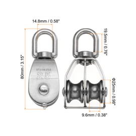 PATIKIL M25 Double Pulley Block, 304 Stainless Steel Heavy Wire Rope Hanging Wire Towing Wheel Lifting Crane Swivel Hook, Loading 150KG/331LBS