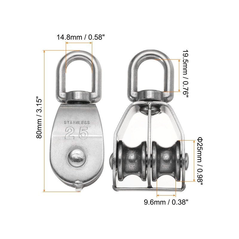 PATIKIL M25 Double Pulley Block, 304 Stainless Steel Heavy Wire