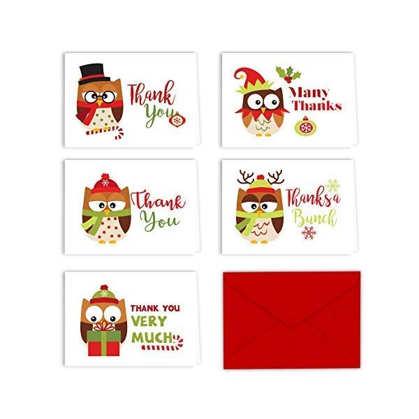 Paper Frenzy Christmas Owls Holiday Thank You Note Cards and Envelopes - 25 pack