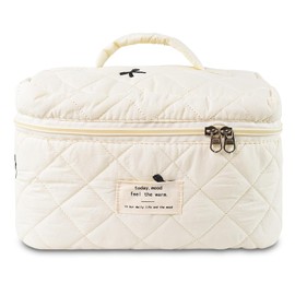 GISMTR Makeup Bag, Quilted Bow Cosmetic Bag, Large Travel Aesthetic Make up Bag, Cute Coquette Toiletry Bag for Women Girls, Bow D-white