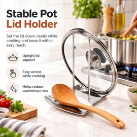 Stainless Steel Pot Lid Rack for Kitchen – Detachable Pan Cover, Spatula & Spoon Holder Stand