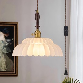 Esther life Plug in Pendant Light, Scalloped Glass with Wooden Handle, Gold Brass Finish, Adjustable Pulley, Dimmable, Vintage Hanging Lamp for Bedroom Living Room Kitchen Island, Milk White