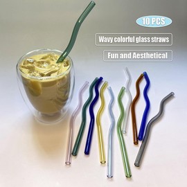 Zurtoki 10 PCS Reusable Wavy Colorful Glass Straws Cute 7.87" x 8 mm Shatter Resistant Drinking Straws with 2 Cleaner Brush and 1 Reusable Storage Box for Iced or Hot Coffee, Juice, Cocktail, Tea