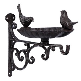JUXYES Wall Mount Birds Feeder with Hanging Bracket, Heavy Duty Cast Iron Bird Bath Bowl for Outdoors, Antique Garden Decorative Birds Wall Hook for Hanging Plants, Lanterns, Wind Chimes