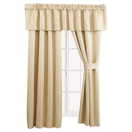 Sara Beige 5 Piece Lined Jacquard Curtain Panel Set Includes 2 Panels, 2 Tie Backs and 1 Valance