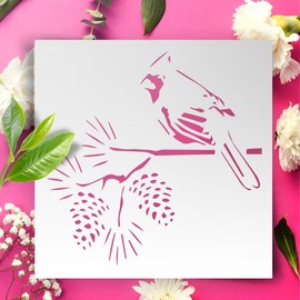 Cardinal on Pine Branch Stencil – Reusable 5x5 Inch Winter Bird Template with Pinecones for DIY Crafts, Rustic Holiday Decor, and Nature-Inspired Art