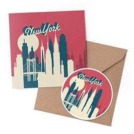 1 x Greeting Card & 10 cm Round Sticker Set - New York USA Travel American States - Birthday Thank You Friend Lover Fan Mum Dad Kids #58619