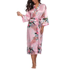 ABC-STAR Women's Kimono Robe Peacock & Blossom Robe Wedding Satin Bathrobe Nightgown X-Large