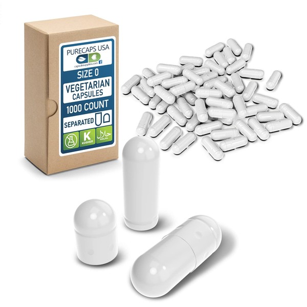 PureCaps USA - Size 0 Empty White Vegetarian and Vegan Pill Capsules - Fast Dissolving and Easily Digestible - Preservative Free with Natural Ingredients - (1,000 Separated Capsules)