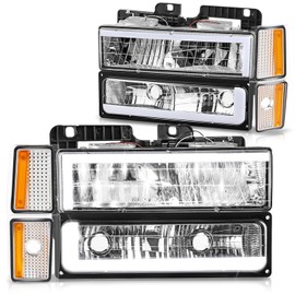 DNA MOTORING C Style LED DRL Headlight+Bumper Signal+Corner Lamps Set Compatible with 88-93 Chevy C/K1500-3500,Chrome/Amber,HL-LB2-8P-C1088-CH-AM