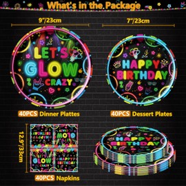 120 Pack Glow Neon Party Supplies Neon Birthday Party Decorations Glow Party Tableware Let’s Glow Birthday Supplies Including Plates Napkins for Glow Neon in Dark Theme Party Supplies Serves 40