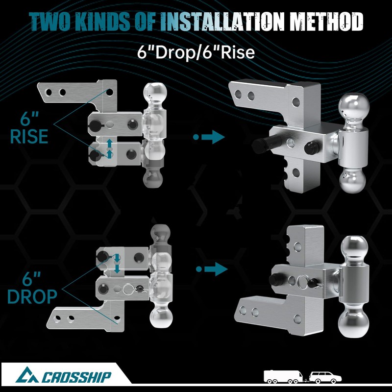 CROSSHIP Adjustable Trailer Hitch - Heavy Duty Aluminum Drop Drawbar
