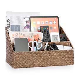 BTSKY Natural Seagrass Woven Wicker Desk Organizer,Mail Sorters with 4 compartments, Coffee