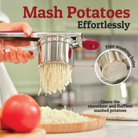 PriorityChef Large 15oz Potato Ricer, Heavy Duty Stainless Steel Potato Masher and Ricer Kitchen Tool, Press and Mash Kitchen Gadget For Perfect Mashed Potatoes - Everytime, Red