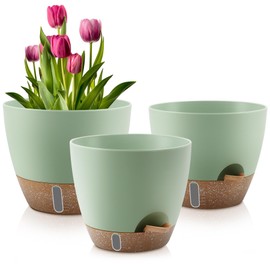 QRRICA Plant Pots 12/10/9 Inch Self Watering Pots, with Drainage Holes and Saucers,Water Level Indicator & Deep Reservoir,Large Plastic Planter for Indoor Out Door Plants (Green)