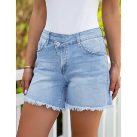 luvamia Jean Shorts for Women Low Waisted Trendy Stretchy Crossover Waist Denim Shorts Raw Hem Casual Summer Pockets Criss Cross Jean Shorts Women Jean Shorts for Summer Blue Breeze Size X-Large