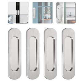 Guidre 4 Pack Sliding Door Handle 3.93" Self-Stick Oval Sliding Door Pulls,Self Stick No-Drill Handle,Silver Stainless Steel Cabinet Drawer Knob for Kitchen Cupboard Wardrobe Dresser Barn Door Closet