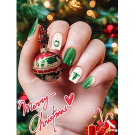 EBANKU 24PCS Christmas Semi-Cured Gel Nail Strips, Christmas Tree Christmas Wreath Adhesive Gel Nail Art Sticker, Waterproof Gel Nail Wrap Stickers with Nail File and Stick（UV/LED Lamp Required）