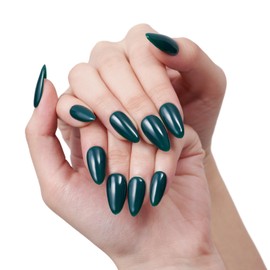 GLAMERMAID Verdigris Press on Nails Medium Almond, Dark Blue-Green Nude Gel Fake Nail, Gloss Natural Pure Glue on Nail Short Oval, Reusable Acrylic Stiletto Stick on False Nail Kit for Women