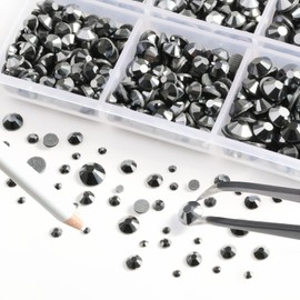 6736pcs Hotfix Rhinestones Flatback,Jet Hematite Rhinestones for Crafts Clothes Mixed 5 Sizes, Hotfix Crystals with Tweezers and Wax Pencil Kit, SS6-SS30,Hematite