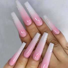 MISUD Long Coffin Press On Nails Ballerina Fake Nails Glossy Glue on Nails Pink White Ombre Acrylic Nails Gradient Artificial Nails Rhinestone Stick on False Nails with Design 24 pcs