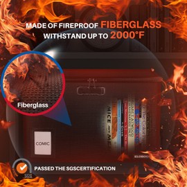 Comic Book Storage Box, ELOBOON Fireproof & Water-Resistant Comic Book Box with Lock and Label Window, Moistureproof Comic Short Box with Fire Zipper Holds 150-175 Comics, Comic Book Bin Black