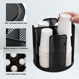 360° Cup Dispenser, Cup Dispenser for Paper Cups, Round Cup Holder with 4 Vertical Compartments, Paper Cup Organiser for Coffee, Shop, Home, Office, Buffet
