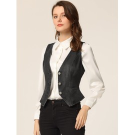 Allegra K Women's Denim Jakcet Sleeveless V Neck Button Down Casual Jean Waistcoat Vest Small Black