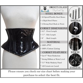 Women's Underbust Waist Training Steel Boned Corsets Heavy Duty Womens Corsets (US, Alpha, Medium, Regular, Regular, Corset 04 - PVC Black)