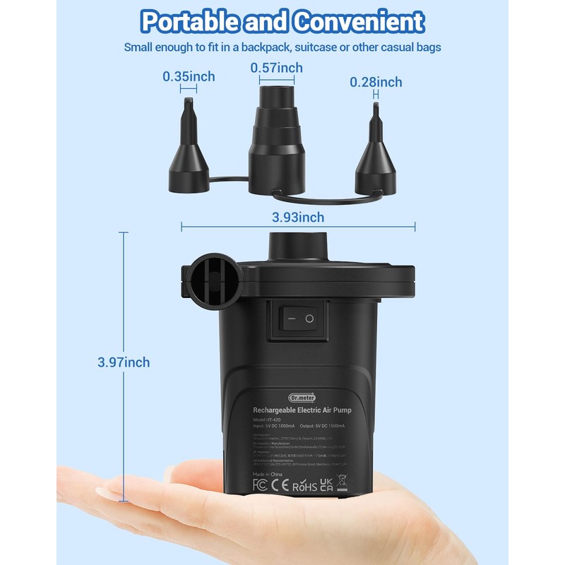 Dr.meter Air Pump for Inflatables, Rechargeable 4000mAh Battery Air Mattress