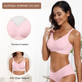 OEAK OEAK Womens Comfortable Wireless Bras Push Up Seamless Bralettes Soft V Neck Brassiere Scalloped Full Coverage Everyday Bra XL Pink