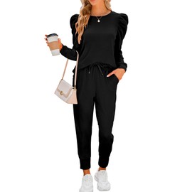 Onedreamer Womens Long Sleeve Crew Neck Sweatshirt Drawstring Sweat Pants Set Casual Sweatsuit Set (Black,S)