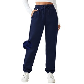 PINSPARK Women's Joggers Winter Fleece Sweatpants Comfy Soft Casual Athletic Pants Drawstring Trousers with Pockets Navy Blue XL
