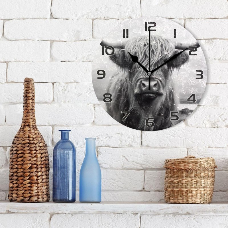 Qilmy Highland Cow Clock Silent Round Wall Clock Non Ticking