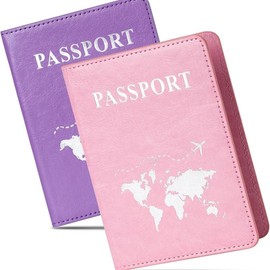Set of 2 Ultra-Slim PU Leather Passport Holders – Sleek Travel Wallets for Women and Men - Color: Pink & Purple