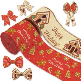 YKW 2 Rolls Christmas Ribbon Set,Gingerbread Man House Wired Edge Ribbons, 2.56" x 5 Yards Each - for Wreath,Bow, Gift Wrapping, Tree Decor - Festive Red & Cream Holiday Patterns