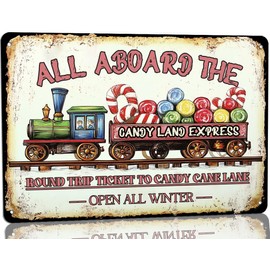 Vintage Christmas Decor Sign Candy Land Express Metal Sign, Round Trip Ticket To Candy Cane Lane Sign, Festive Christmas Wall Decor for Kitchen Cafe Bar Perfect for Candy Lovers 8x12 Inch