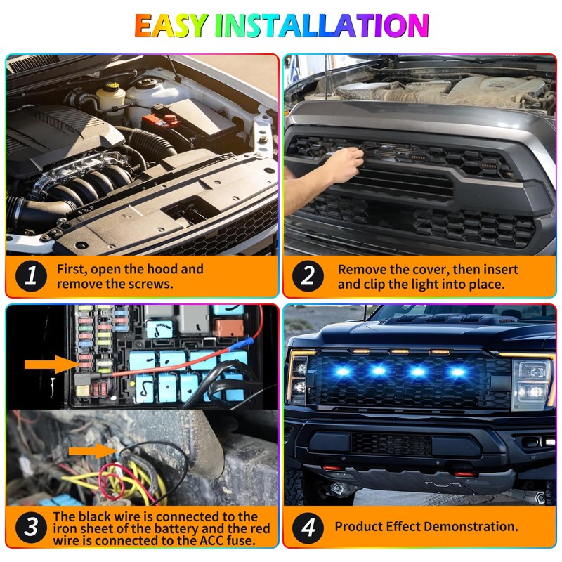 4PCS LED RGB Grille Lights, Universal Clip-On Front Grill Lights