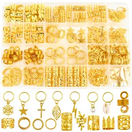 260pcs Hair Jewellery for Braids, Gold Braid Beads Gold Hair Cuffs Charms Rings for Girl Women Men Hair Braids Decoration Party Music Festival