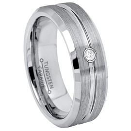 Jewelry Avalanche 7MM Brushed Grooved Center Beveled Edge Tungsten Carbide Wedding Band - 0.07ct Diamond Tungsten Ring - April Birthstone Ring -11.5