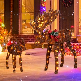 Tangkula 2-Piece Lighted Christmas Moose Family Set, Light-Up Reindeers with 170 Warm White LED Lights, Stakes & Zip Ties Included, Indoor/Outdoor Xmas Holiday Moose Decoration for Home Yard