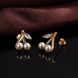 SWJEWEL Cherry Pearl Earrings Set for Women Stud CZ Zircon Earrings Sterling Silver Gold Plated Hypoallergenic 3mm Small Round White Pink Pearl Statement Earring 925 Cute Earring for Wedding Bridal