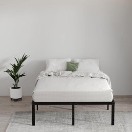 EMODA Queen Bed Frame No Box Spring Needed 18 Inch Heavy Duty Metal Tall Platform Bed Frame Queen Size with Large Storage Space, Easy Assembly, Black